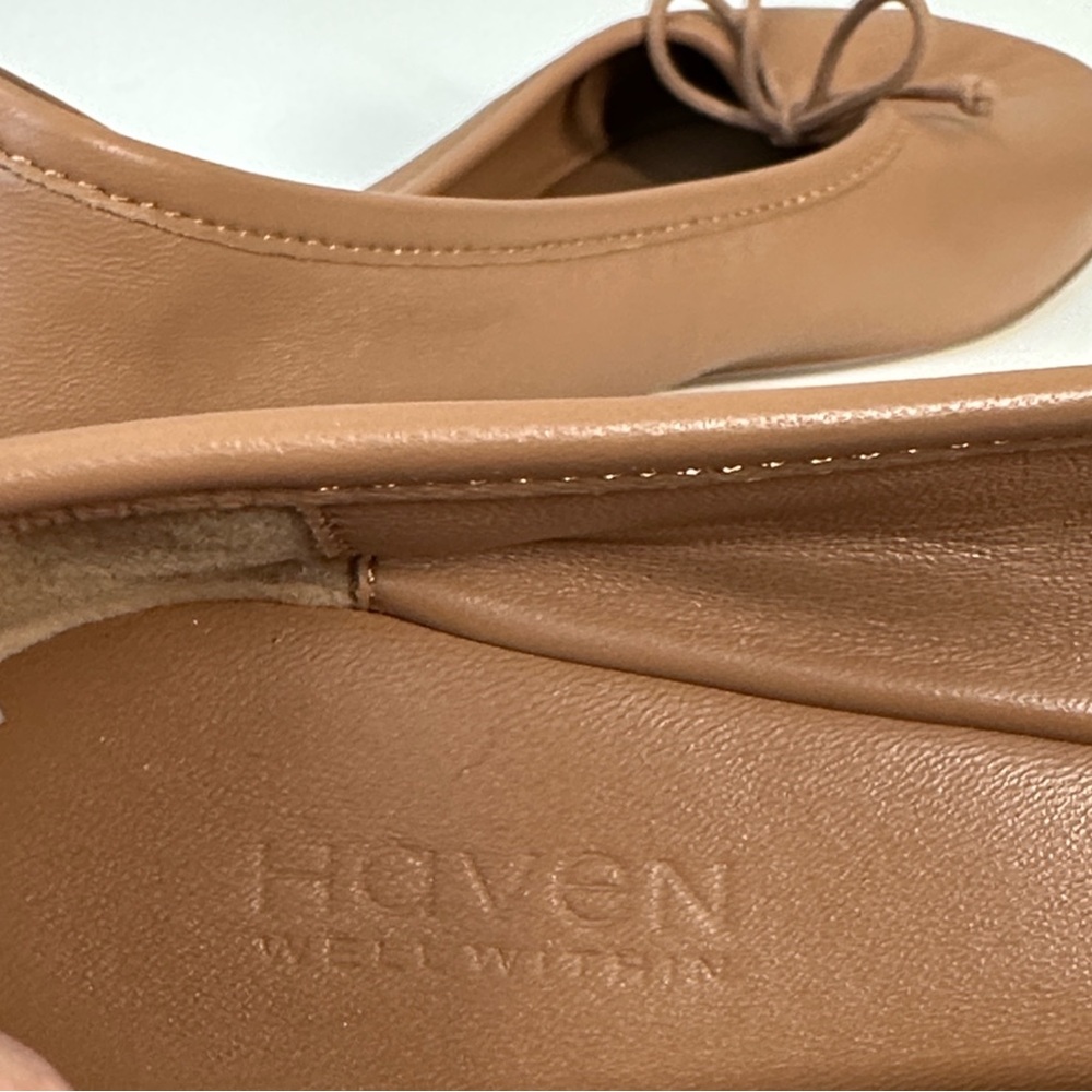 Women's Tan Leather Ballet Flats with Bow - Picture 10 of 15